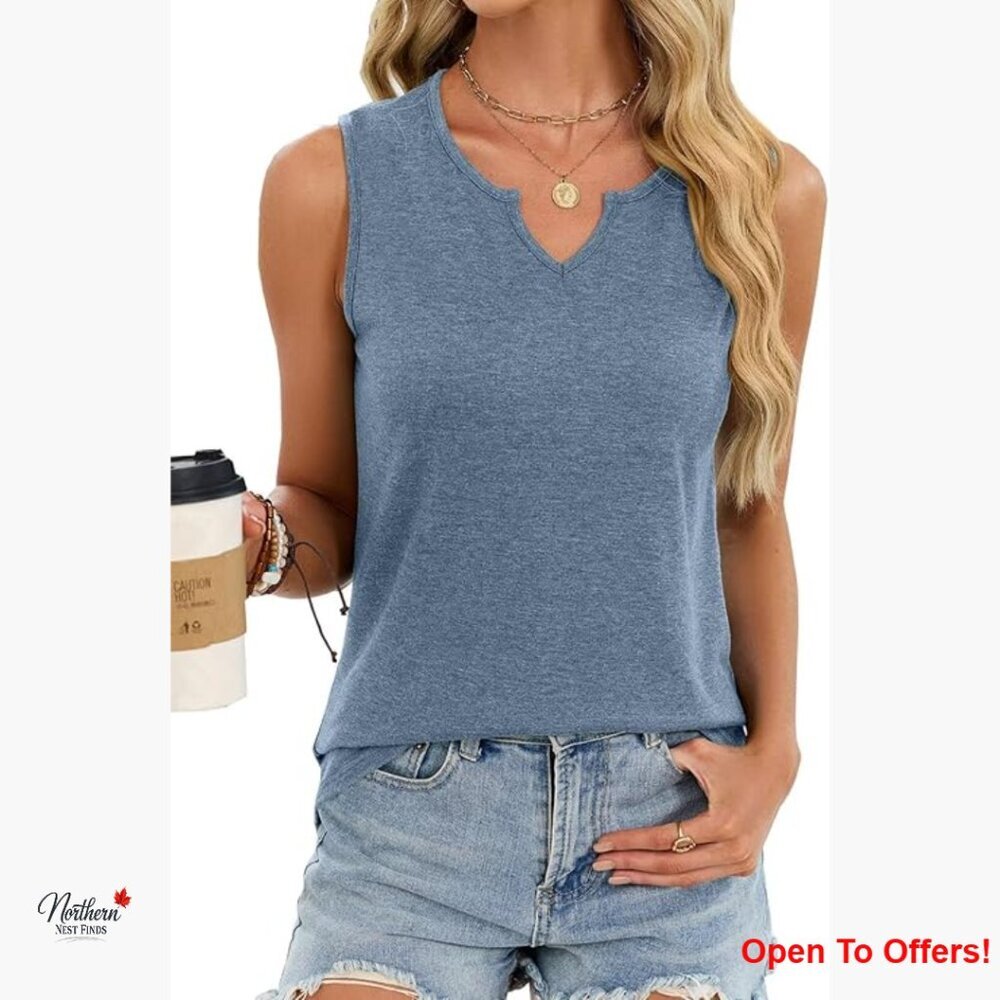 Polyester Rayon Spandex Blend V-Neck Loose Fit Tank Top Sleeveless Summer